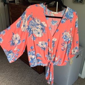 Coral pink and blue floral kimono sleeve top